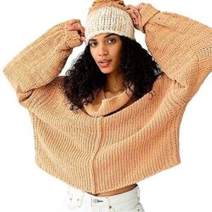 Free People Be Yours Cowl Neck Pullover Sweater in Camel Large Boho Coastal
